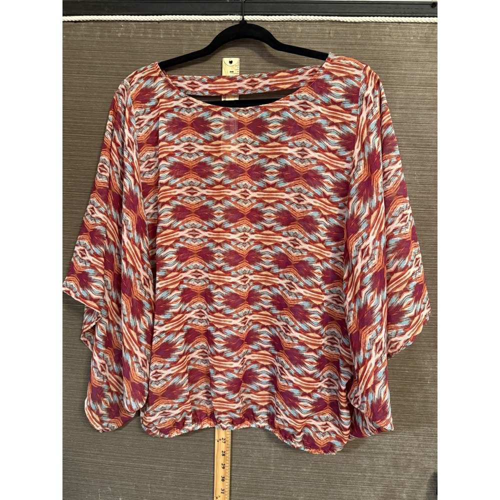 Bobeau Sheer Blouse Women's Size L Multicolor round neck batwing casual top